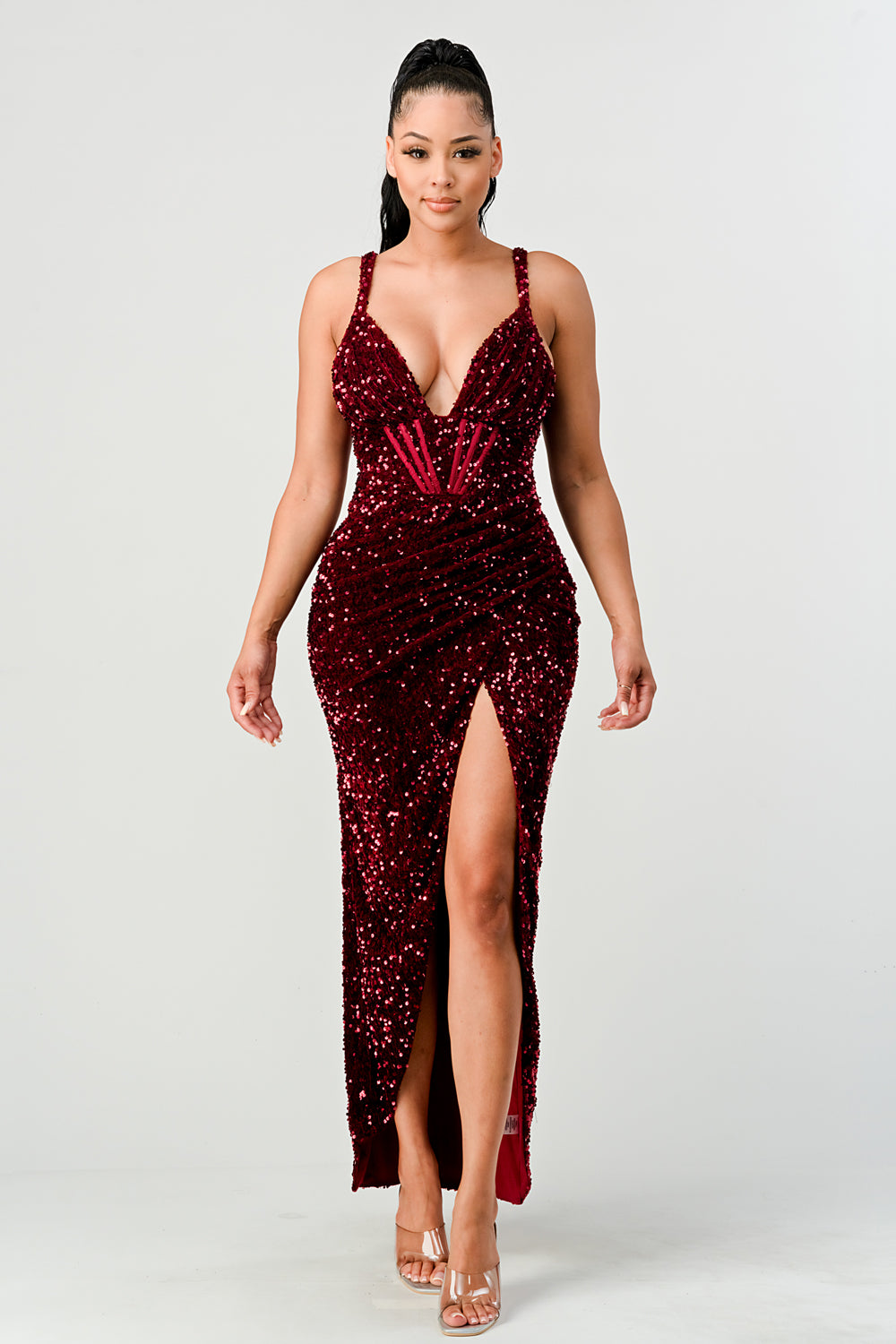 REINA SEQUIN CORSET DRAPED MAXI DRESS