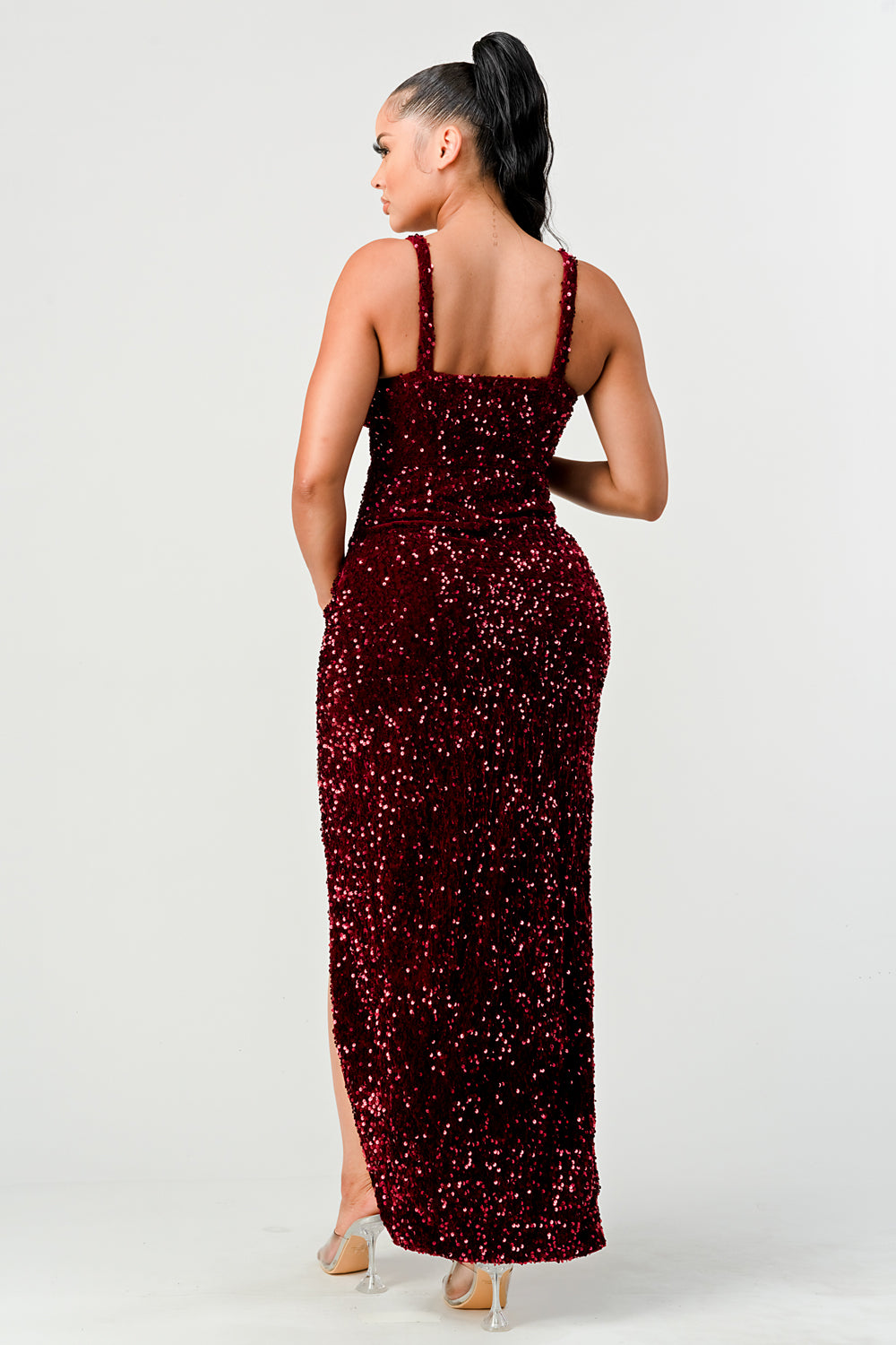 REINA SEQUIN CORSET DRAPED MAXI DRESS