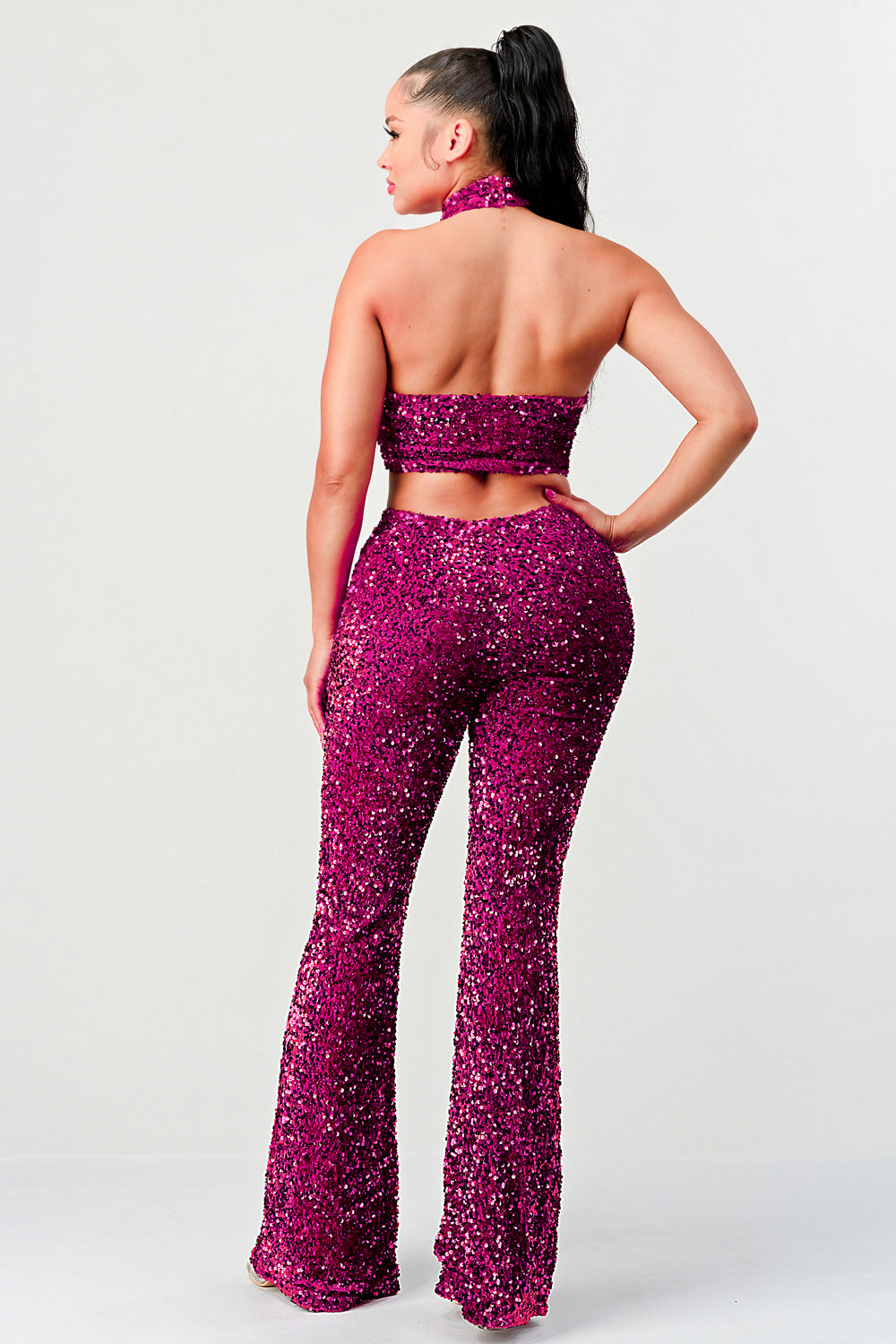 Magenta crop top and Flared pants set